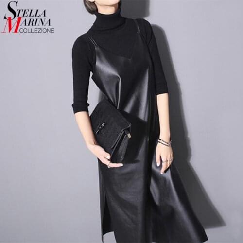 2020 Autumn Women Black Faux Leather Sleeveless Tank Dress Spaghetti Straps V Neck Split Party Club Slip Dress Robe Style 746