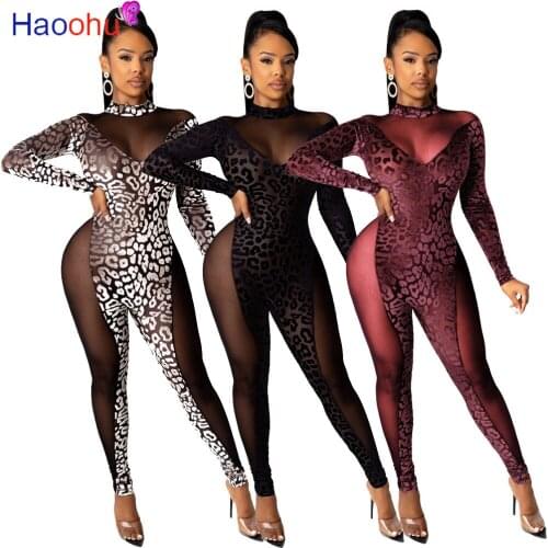 Sexy Leopard Print Sheer Mesh Patchwork Night Party Club Skinny Jumpsuit Women Long Sleeve See Through Rompers Outfit Overalls