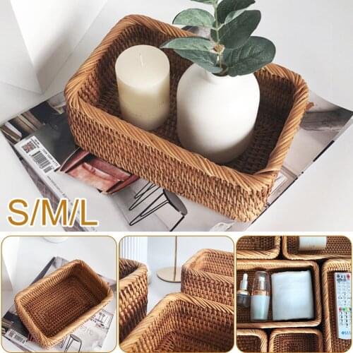HandWoven Rectangular Rattan Wicker Basket Fruit Tea Snack Bread Picnic Cosmetic Storage Box Kitchen Supplies Household Tools