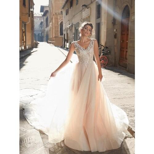 Blush Pink V-Neck Lace Wedding Dress 2021 Sequins Soft Tulle Princess Appliqued Corset Bridal Gown Plus Size Vestido De Noiva