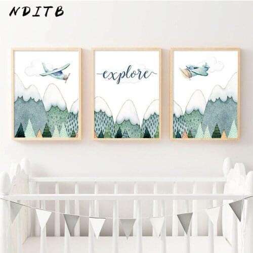 Airplane Mountain Cartoon Nursery Painting Simplicity Child Poster and Print Nordic Kid Wall Art Picture Baby Bedroom Decoration