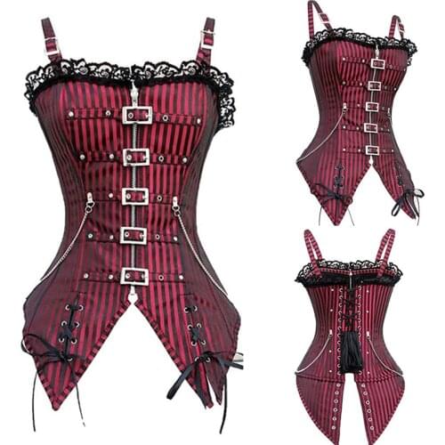 Vintage Steampunk Corset Women Sexy Lace Zipper Strap Bustier Overbust Gothic Style Corselet