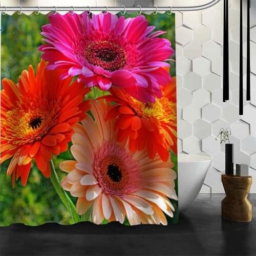 ShunQian Gerberas Landscape Shower Curtain Polyester Fabric Bath Screens Curtains For Bathroom 3D Waterproof Bath Curtain Hook