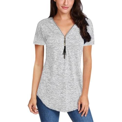 Tassel Zipper V Neck Short Sleeve T-Shirt Casual Women Tees Solid Color Tunic Top Clothes