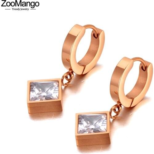ZooMango Bling Style 316L Stainless Steel Square CZ Crystal Hoop Earrings Trendy Rhinestone Earrings Jewelry For Women ZE20157