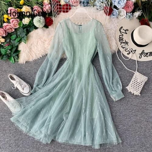 Young Gee spring autumn pleated sexy mesh dress long sleeve two-piece sets womens sweet sequined gauze bling party dresses