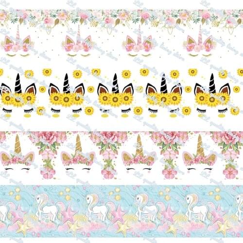 16-75MM Cartoon Unicorn Printed Grosgrain Ribbon 50 Yards/Roll Tape Clothing Bakery Hairbow Gift wrapping Accessory Hairbow Head