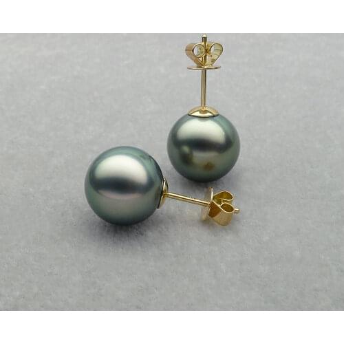 18k Yellow Gold AAA Black Green Tahitian Sea Cultured Pearl Stud Earrings 10.9mm