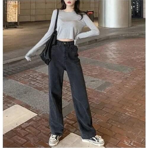 2020 New Black Jeans Woman Long Trousers Cowboy Female Loose Streetwear High Waist Women Jeans Split Clothes Wide Leg Jeans