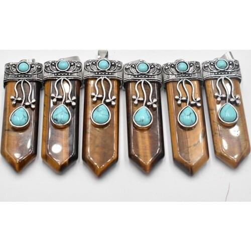 2021 good quality natural tiger eye stone crystal point pendulum healing chakra pendant for jewelry making 6pcs/lot wholesale