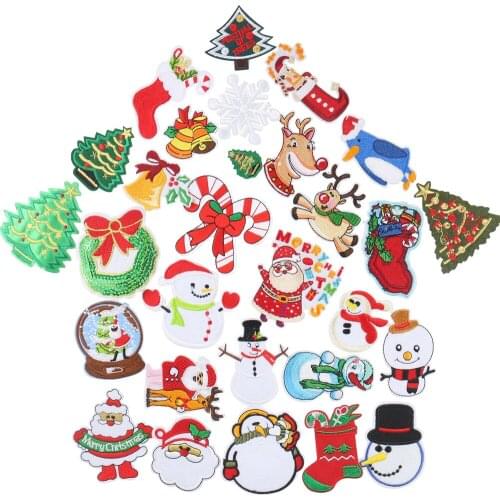 30PCS Cartoon Santa Claus Christmas Tree Patches Christmas Theme Embroidery Applique Iron on Transfers for Clothing Accessories