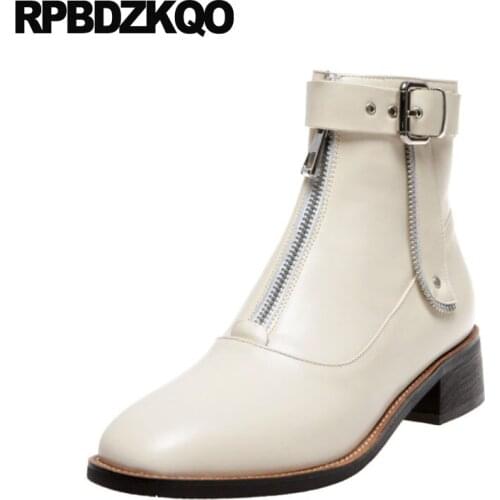 Booties Motorcycle Metal Beige Brand Women Winter Boots Genuine Leather Front Zipper British Chunky Fur Square Toe Shoes Biker