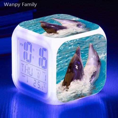 Cute dolphin alarm clock 7 color luminous digital clock childrens room multifunctional luminous electronic watch gift for kids
