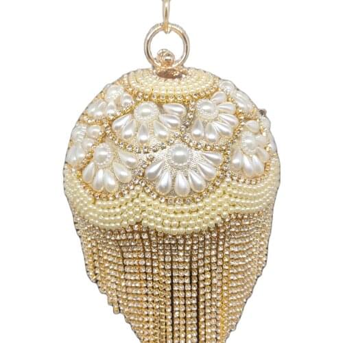 Chaliwini Luxury Ball Bags Pearl Crystal Handbags Designer Tote Women Tassels Shoulder BagsRound Circular Gold Diamond