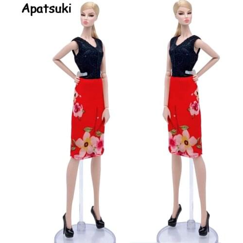 Black Vest Red Floral Dress Fashion Doll Clothes For Barbie Doll Outfits Short Dresses Party Gown 1/6 Dolls Accessories Kids Toy