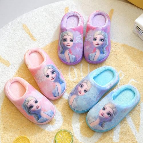 Disney childrens cartoon frozen princess non-slip soft-soled slippers girl plus velvet thick warm cotton shoes home shoes