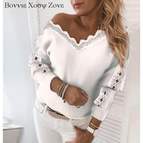 Women V-Neck Lace Trim Ribbed Cutout Long Sleeve Sweater Plain Patchwork Sweaters