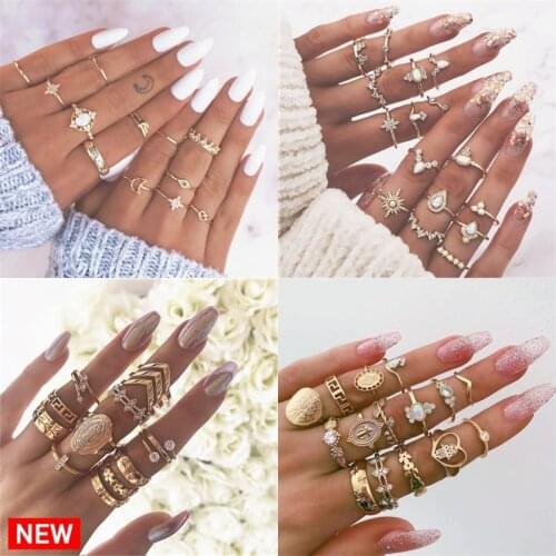 IFMIA 15 Design Vintage Gold Star Moon Rings Set For Women BOHO Opal Crystal Midi Finger Ring 2019 Female Bohemian Jewelry Gifts