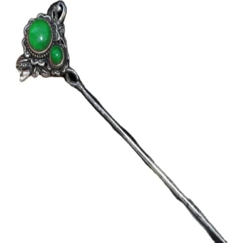 China Old Tibetan Silver Inlaid Ice Emerald Hairpin