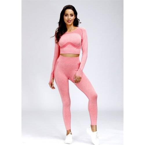 New 2PCS Flex Seamless Yoga Set Women Workout Long Sleeve Crop Top+Seamless Leggings Sports Wear Gym Clothing Athletic Sport Set