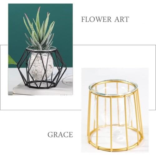 Wrought Iron Golden Hydroponic Glass Vase Ornament Creative Crafts Home Decor