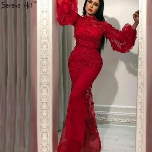 Muslim Long Sleeves High Neck Red Mermaid Evening Dresses Fashion Flowers Evening Gowns 2020 Serene Hill LA60787