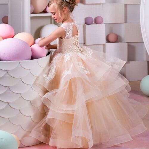 Champagne Lace First Communion Dresses for Girls Long Sleeve Flower Girl Dresses Bow for Weddings Vestido Largo Custom Made