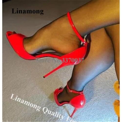 Linamong Brand Peep Toe Patent Leather Stiletto Heel Pumps Red Grey Pink Yellow Sexy Ankle Strap High Heels Big Size Dress Heels