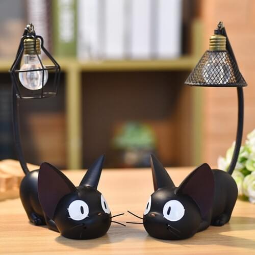 Mini Cute Black Cat Night Light Desktop Resin Figurines Miniatures Home Bedroom Decoration Crafts Kids Gift