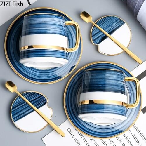 Nordic Style Coffee Mug Set Ceramic Coffee Cup&Saucer with Lid and Spoon Creative Home Kitchen Accessories Drinkware