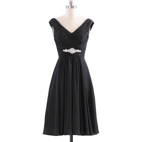New Cheap V Neck Chiffon Bridesmaid Dresses Short Pleated Empire V Back Black Evening Gowns Party Dress vestidos de fiesta
