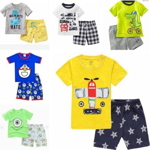 New Summer Cartoon Pattern Boys Pajamas Sets Kids Short Sleeve T-Shirts Shorts Pants Sleepwear 100% Cotton Girls Pyjamas Suits
