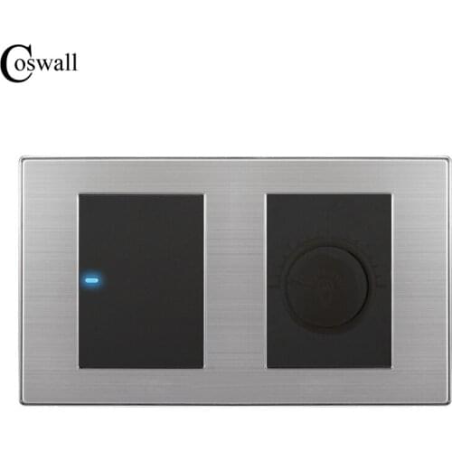 Coswall 1 Gang 1 Way Luxury LED Light Switch On / Off Wall Switch With Dimmer Regulator Stainless Steel Panel 160mm*86mm