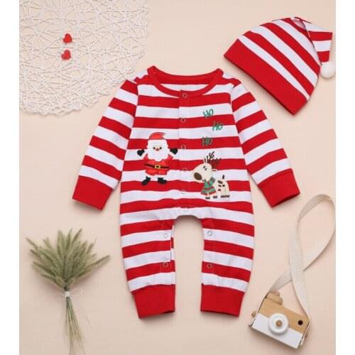 My First Christmas Newborn Baby Boy Girl 0-12M Striped Romper+Hat Xmas Clothes Set