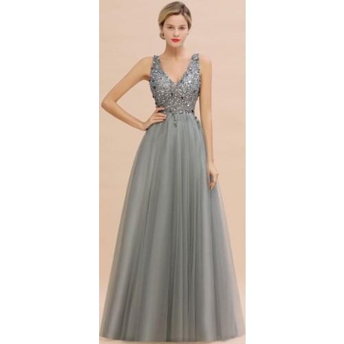 A-line V-Neck Floor-Length Tulle Simple Fomal Evening Dresses With Beading Crystal