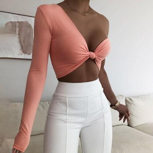SEASONS Solid Women Long Sleeve T Shirt Crop Top Bow Tie Single Shoulder V Neck Bodycon Sexy Club Casual 2021 Summer ASTS83129