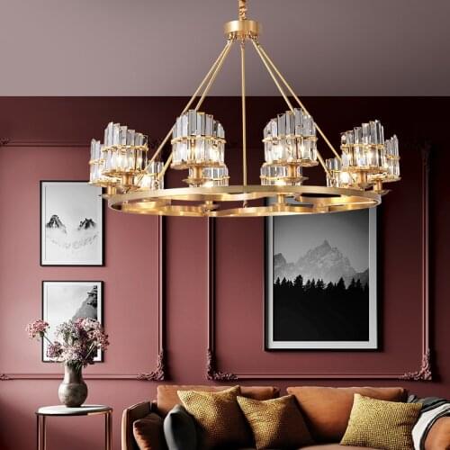 Modern Living Room Copper E14 Chandelier American Gold Luminarias Hanging Chandelier Lighting K9 Crystal Lampshades Lamparas