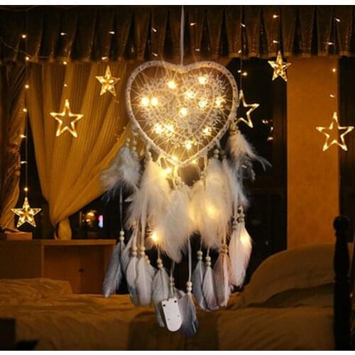 LED Light Dream Catcher with Feather Love Heart Night Light Home Bedside Wall Hanging Home Party Wedding Decoration Gift