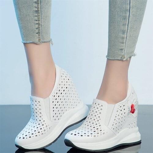 Platform Pumps Shoes Women Hollow Genuine Leather Wedges High Heel Ankle Boots Female Round Toe Fashion Sneakers Casual Shoes