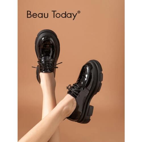 BeauToday Flat Platform Shoes Women Patent Leather Casual Flats Lace Up Round Toe Ladies Spring Derby Shoes Handmade 21856