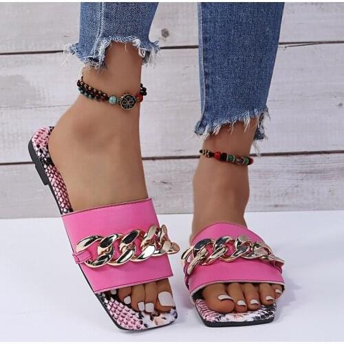Womens Slippers Metal Decoration Square Head Flat Heel Outdoor Beach Comfortable Leopard Print Slippers Women SandalsWomenShoes