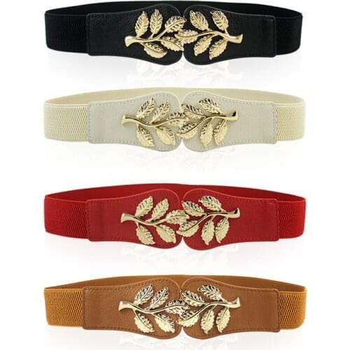 Gold Leaf Buckle Elastic Thin High Waist Belt Women Fashion 2019 High Quality Slim Ladies Belt For Dresses Female Stretch Cinch