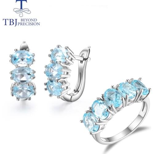 TBJ ,100% natural sky blue topaz gemstone jewelry set brazil 9ct clasp earring ring for women 925 sterling silver fine jewelry