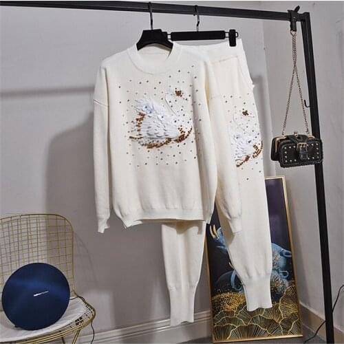 Autumn Fashion White Knitted Tracksuit Outfits Women Beading Long sleeve Pullover Sweater Pants Set Female Loose Knit Suit 2pc