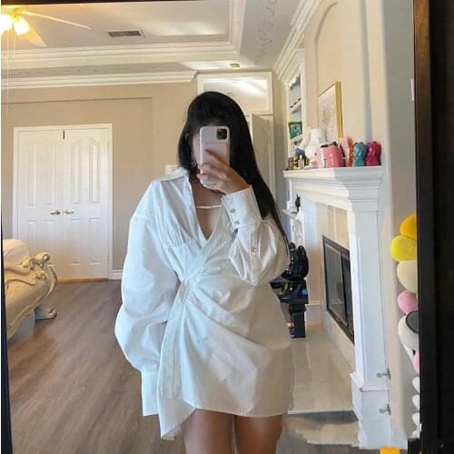 2021 Autumn Sexy Long Sleeve Asymmetric V-neck White Blouse Backless Mini Dress