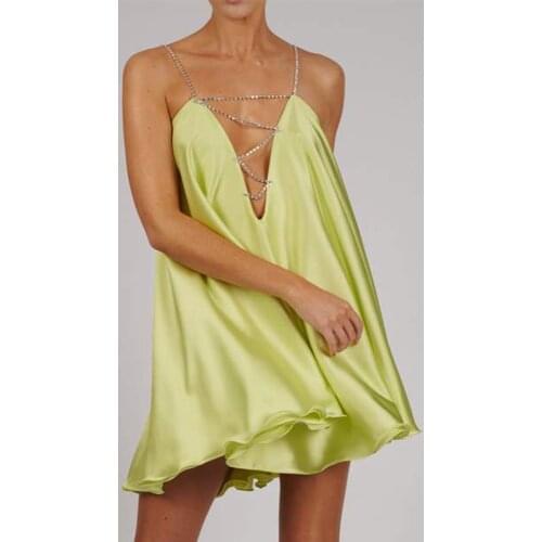 Sexy Celebrity Evening Party Club Dress Women Diamond Chain Satin Dress Low Back Swing Iridescent Crystal Straps V Neck Sundress