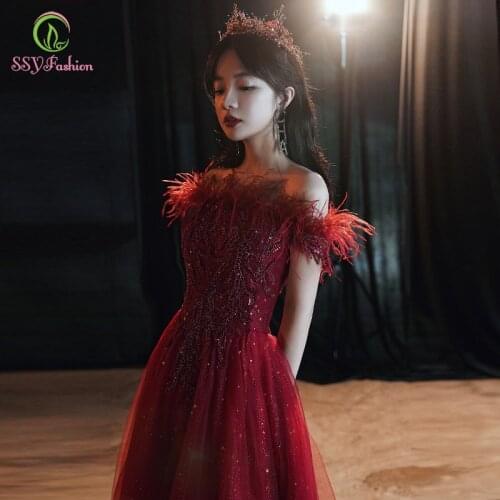 SSYFashion Banquet Elegant Wine Red Evening Dress Boat Neck Appliques Feathers Long Formal Gown Vestidos De Fiesta