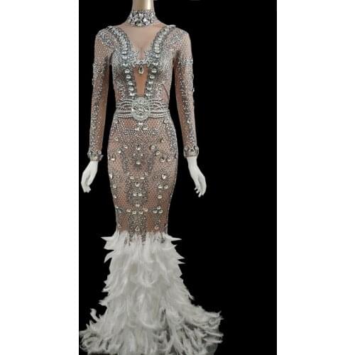 Sparkly Silver Crystals White Feather Tail Dress Lady Evening Prom Celebrity Party Diamonds Long Dresses Women Stage Costume
