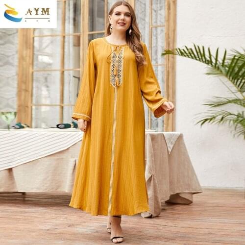 New Plus size womens round neck long sleeve fashion solid color embroidery stitching pleated Muslim big swing Abaya dress