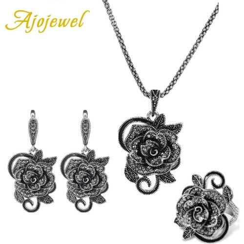Ajojewel Black Crystal Rhinestone Rose Flower Jewelry Sets For Women Luxury Vintage Necklace Ring Earrings Set Creative Gift